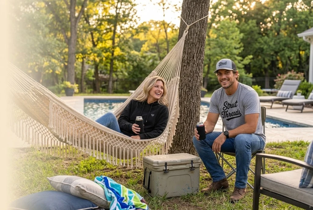 A woman laughing in a hammock in a black STRUT hoodie and a man in a Strut Threads tee and trucker hat by a backyard pool